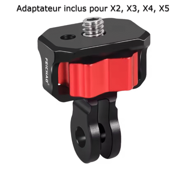 Photo d’un adaptateur vissable pour caméras Insta360 X2, X3, X4 et X5 sur fond blanc
